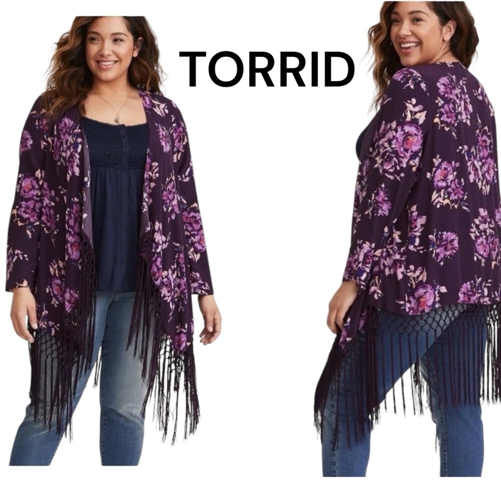 Torrid Floral Fringe Kimono Cardigan Purple Boho Rayon Size 2 (18/20) (2X) - Picture 2 of 12